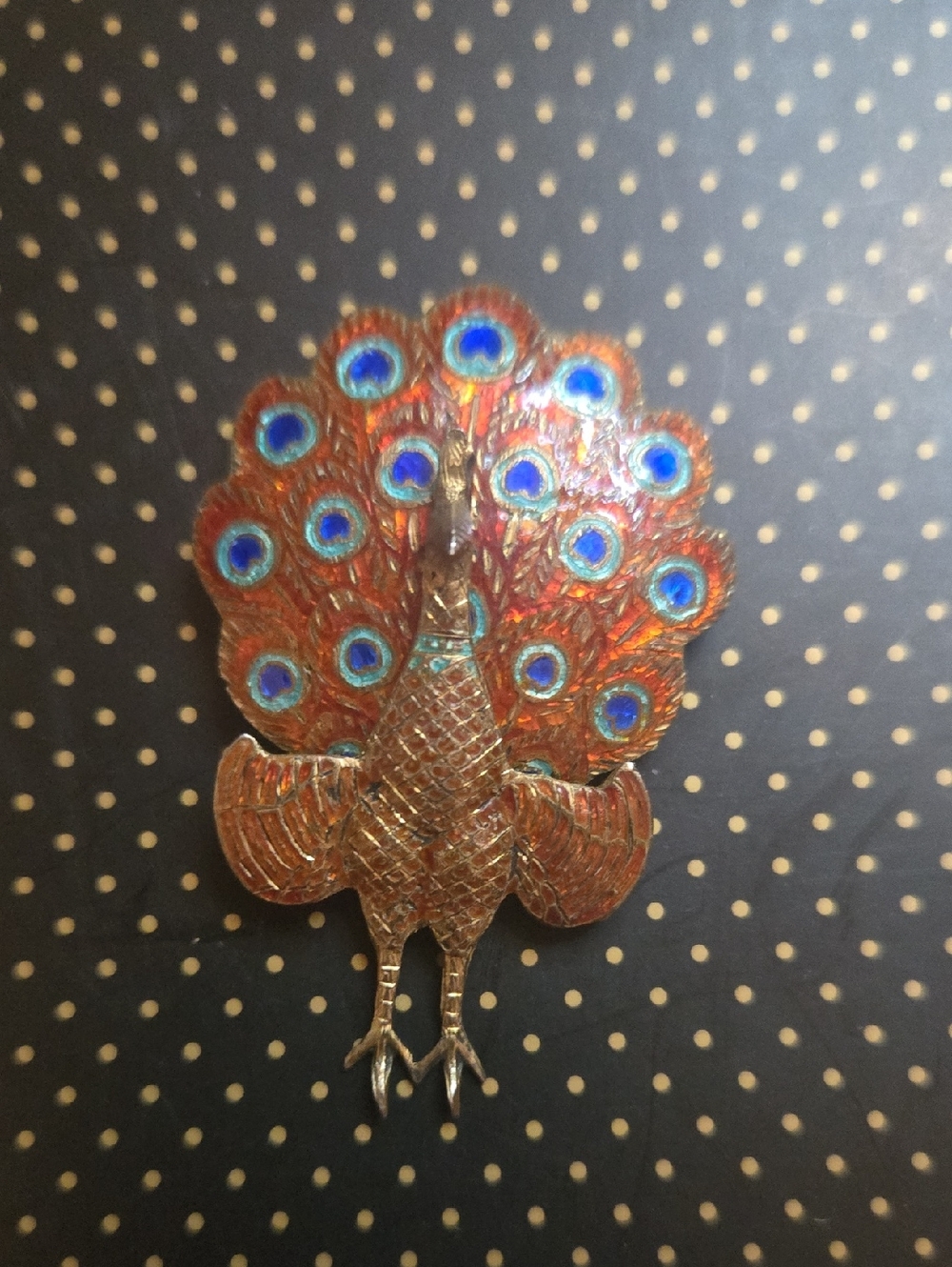 Vintags 1940's Enamel Sterling Silver Thailand Peacock Hinged Brooch Pin